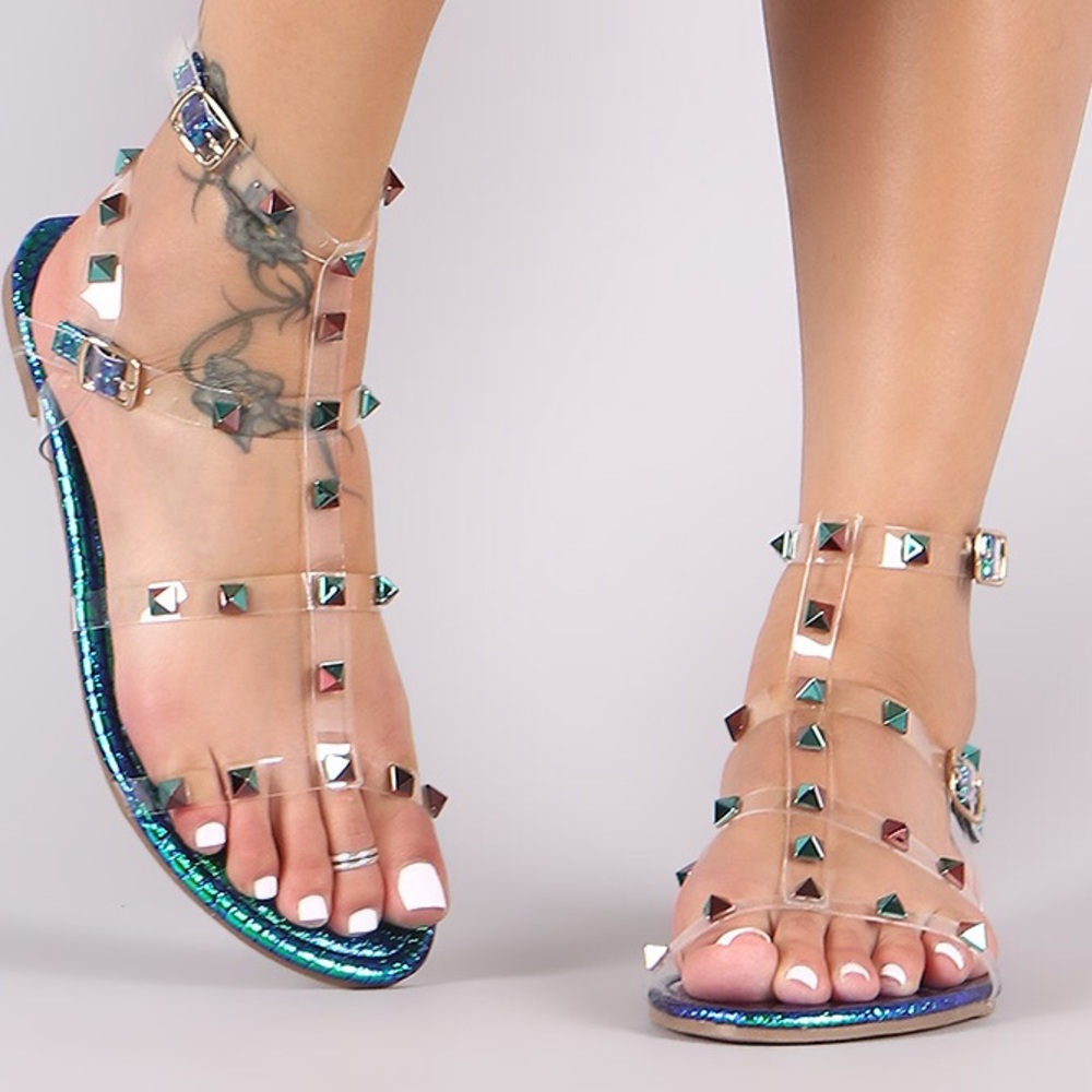NIB Liliana Holographic Pyramid Stud Snake Sandals